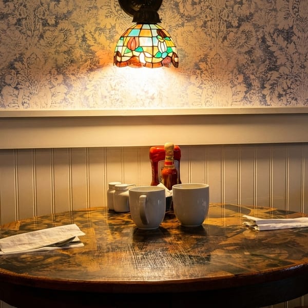 A cozy restaurant table set with mugs, condiments, and napkins under a stained-glass lamp.