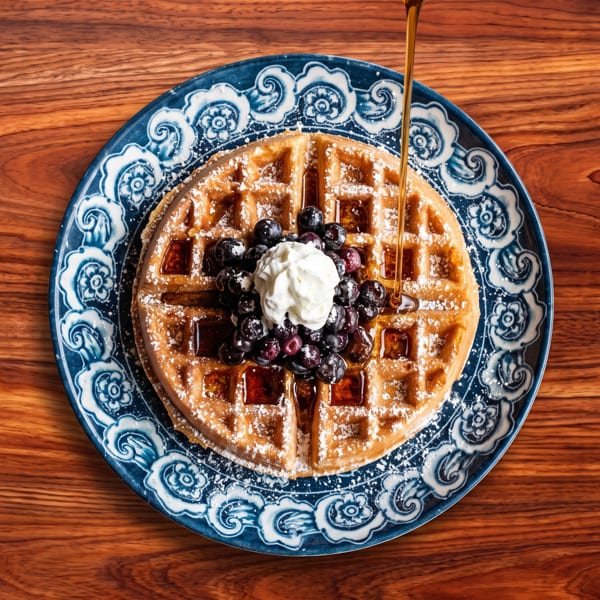 Golden waffle with blueberries, whipped cream, powdered sugar, and syrup being poured on a blue plate.