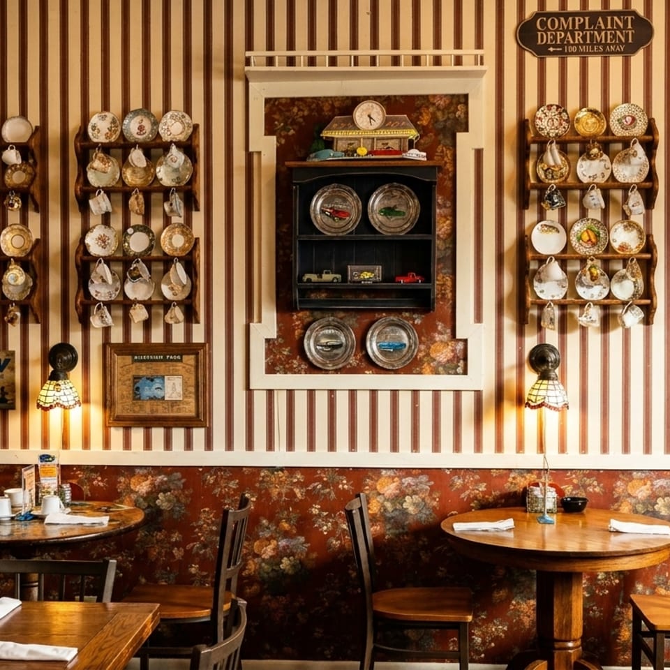 Cozy restaurant interior with striped and floral wallpaper, wooden tables, and decorative plates on walls.