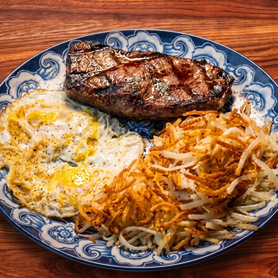 Grilled steak, two fried eggs, and crispy hash browns on a blue and white patterned plate.